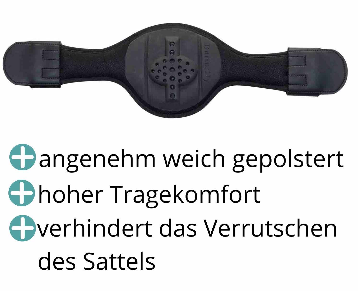 Schwarzer Dressurgurt mit Text. Angenehm weich gepolstert, hoher Tragekomfort, verhindert Verrutschen.