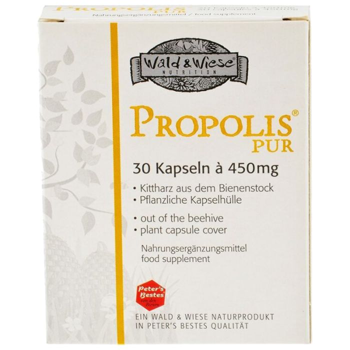 Weiße Schachtel mit Aufschrift "Wald & Wiese Propolis Pur". Enthält 30 Kapseln. Text in Deutsch und Englisch. Peter's Bestes Logo.