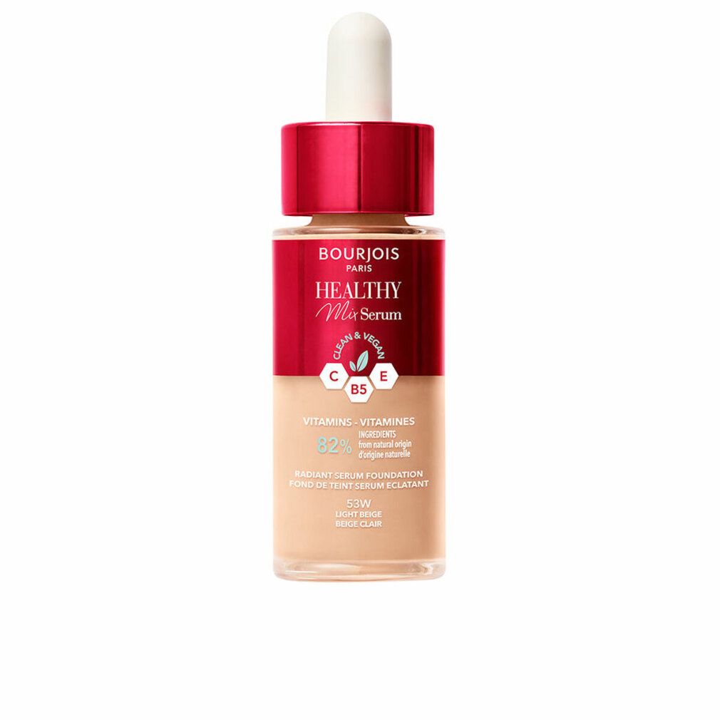 Foundation-Serum-Fläschchen. Beige Flüssigkeit, roter Deckel, weißer Applikator. Aufschrift: Bourjois, Healthy Mix Serum, 53W.
