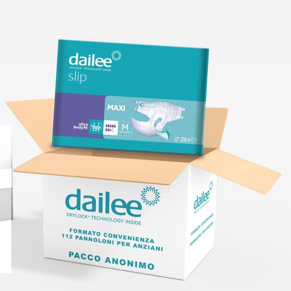 Karton mit Dailee Slip Maxi Windeln. 112 Stück. Verpackung mit Dailee Logo. Format für Senioren.