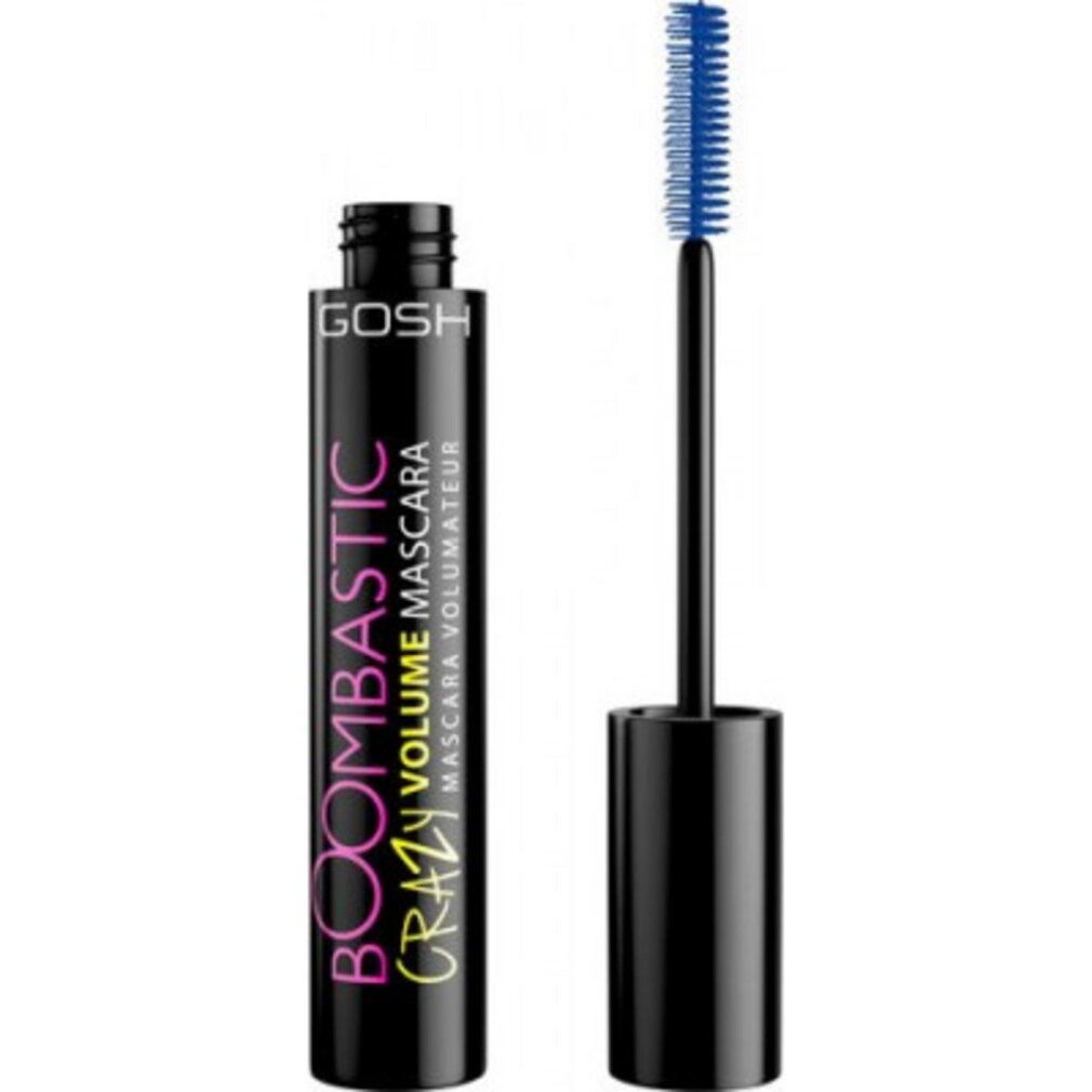 Gosh Boombastic Crazy Volume Mascara in Blau. Schwarzer Behälter mit blauem Applikator.