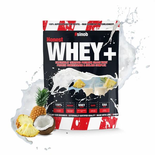 Beutel mit "Honest Whey+". Schwarzer Hintergrund, weiße Schrift. Ananas, Kokosnuss und Milchspritzer. #sinob Logo.