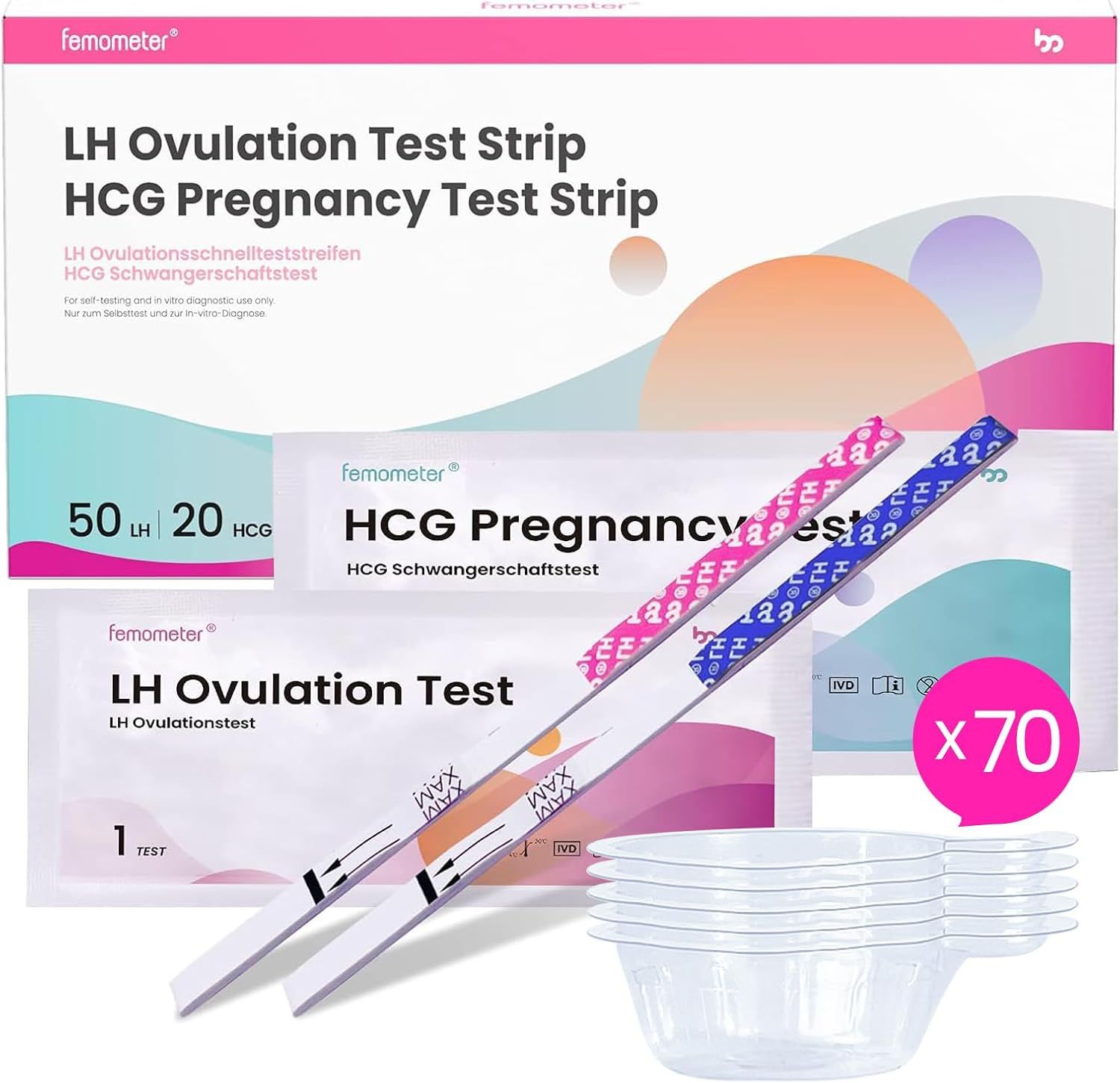 Produkt-Set mit Teststreifen, Bechern und Verpackung. Aufschrift: LH Ovulation Test Strip, HCG Pregnancy Test Strip. 50 LH, 20 HCG.