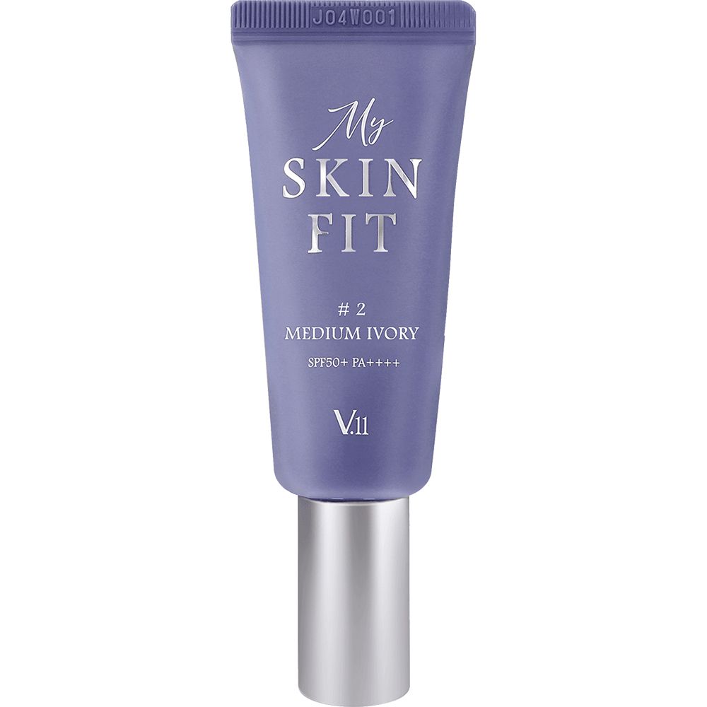 Lila Tube mit Aufschrift "My Skin Fit", Farbton "#2 Medium Ivory", SPF 50+ PA++++. Silberne Kappe.