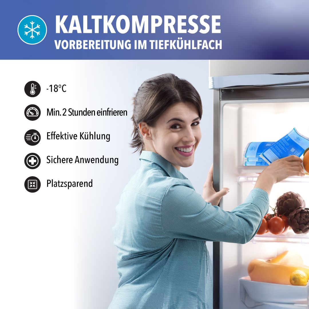 Frau legt blaue Kompressen in den Kühlschrank. Text: Kaltkompresse, -18°C, min. 2 Stunden einfrieren, sichere Anwendung.