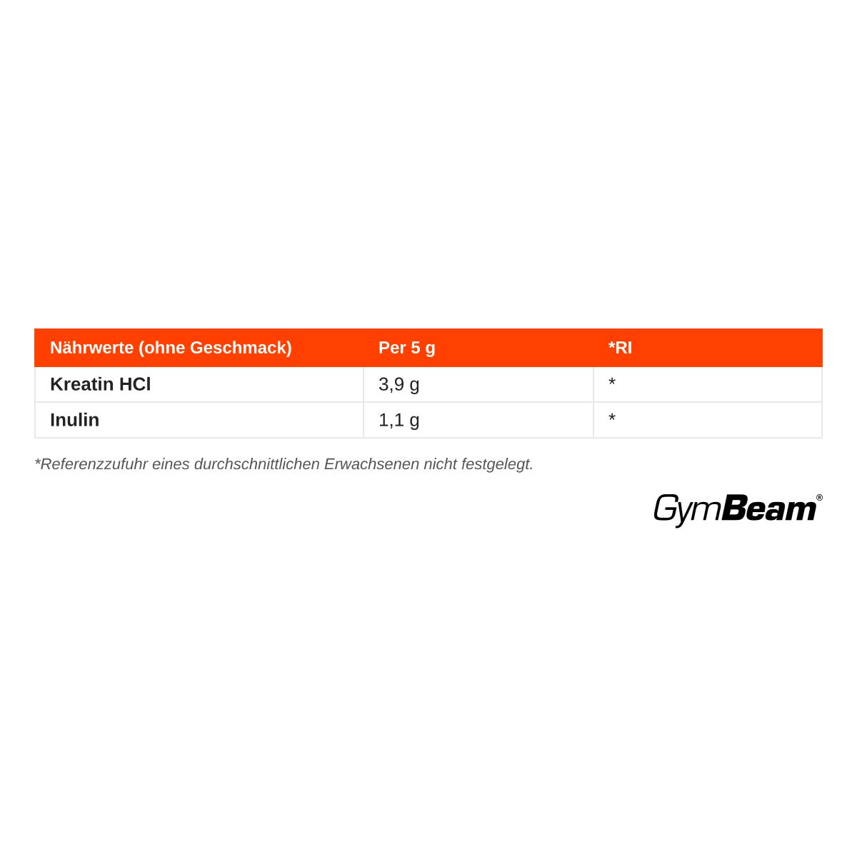 Nährwerttabelle für GymBeam Kreatin HCL (Geschmacksneutral): 3,9g Kreatin HCL, 1,1g Inulin pro 5g.