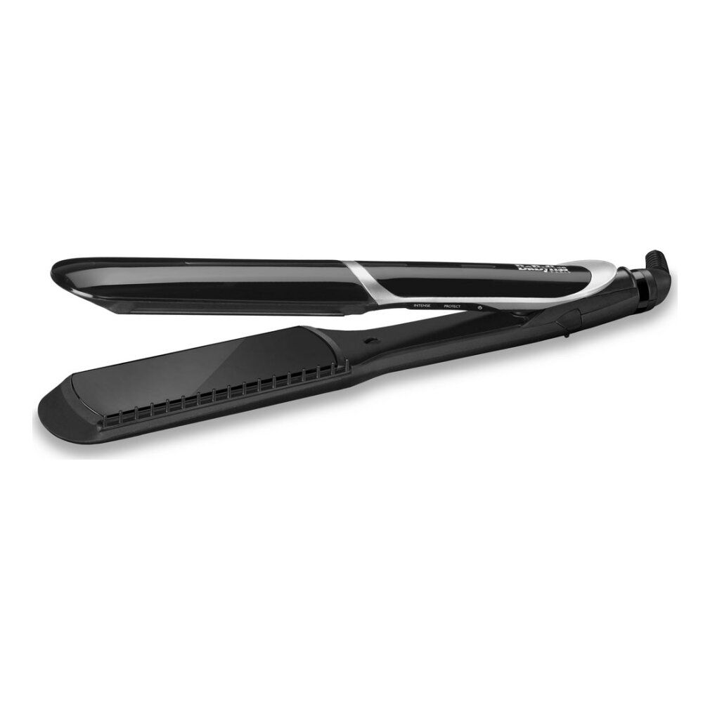 Haarglätter, schwarz mit silbernen Akzenten. Offene Position, Platten sichtbar.