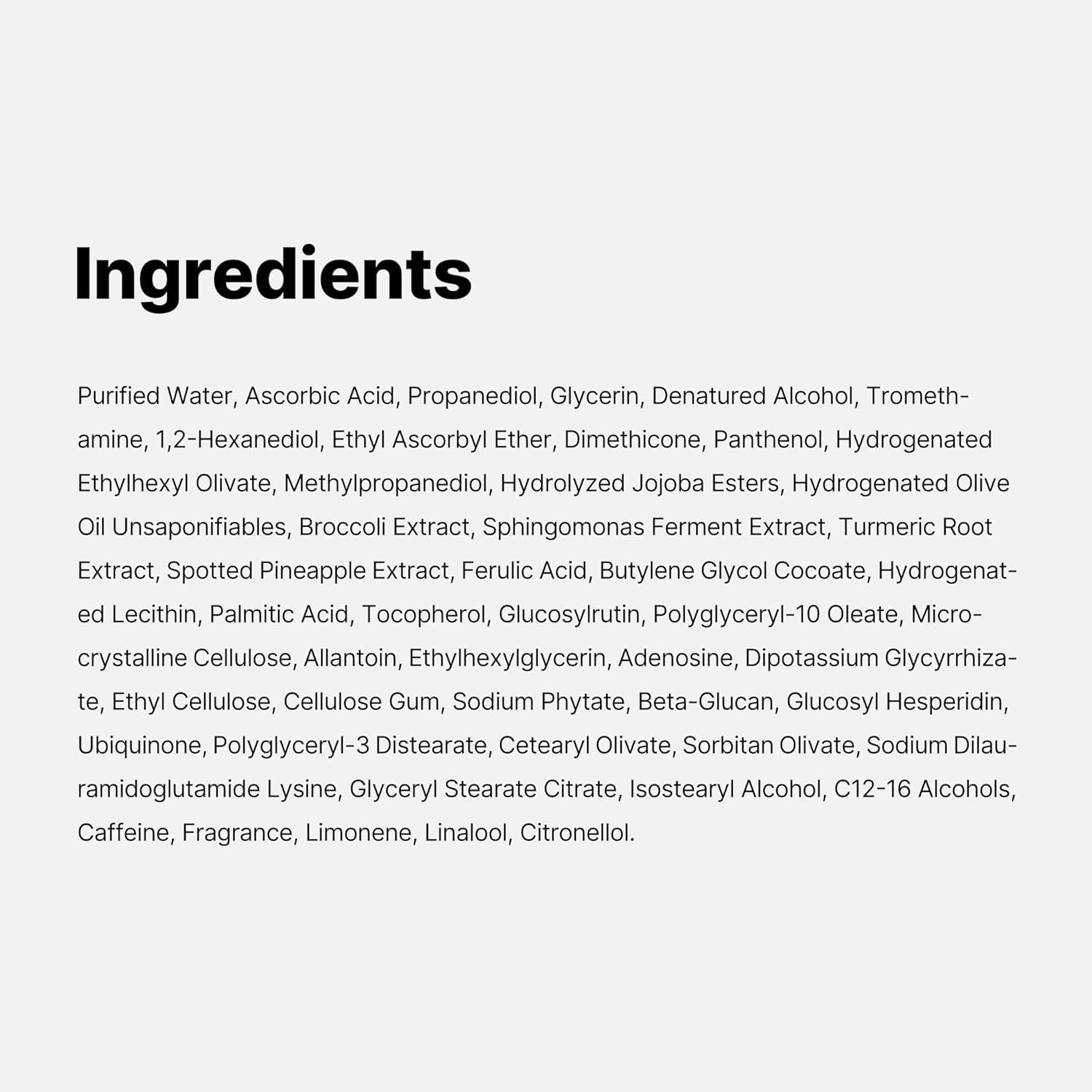 Liste der Inhaltsstoffe der Age-R Vita C Pro Ampulle. Text auf weißem Hintergrund.