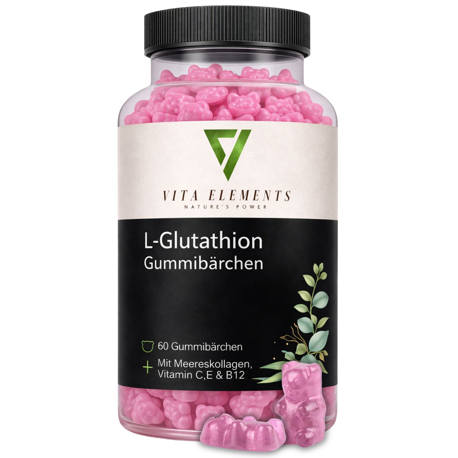 Flasche mit rosa L-Glutathion Gummibärchen, Vita Elements Marke, 60 Stück.
