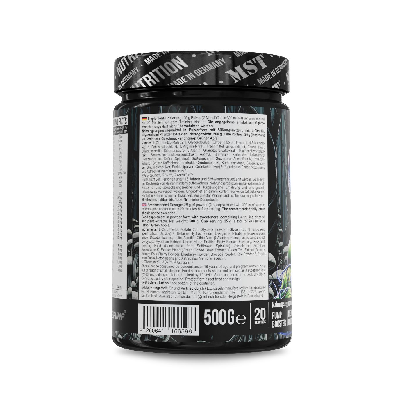 Rückseite der MST-NeuroPump-Dose. Enthält Nährwertangaben und Inhaltsstoffe. Gewicht: 500g. 20 Portionen. Mit englischer Beschreibung.