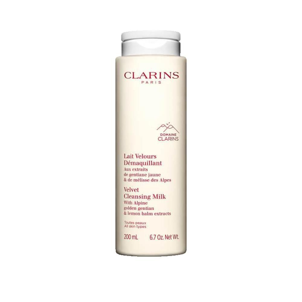 Clarins Lait Velours Démaquillant. Flasche mit weißem Deckel. Text: Lait Velours Démaquillant, Clarins Paris, 200 ml.