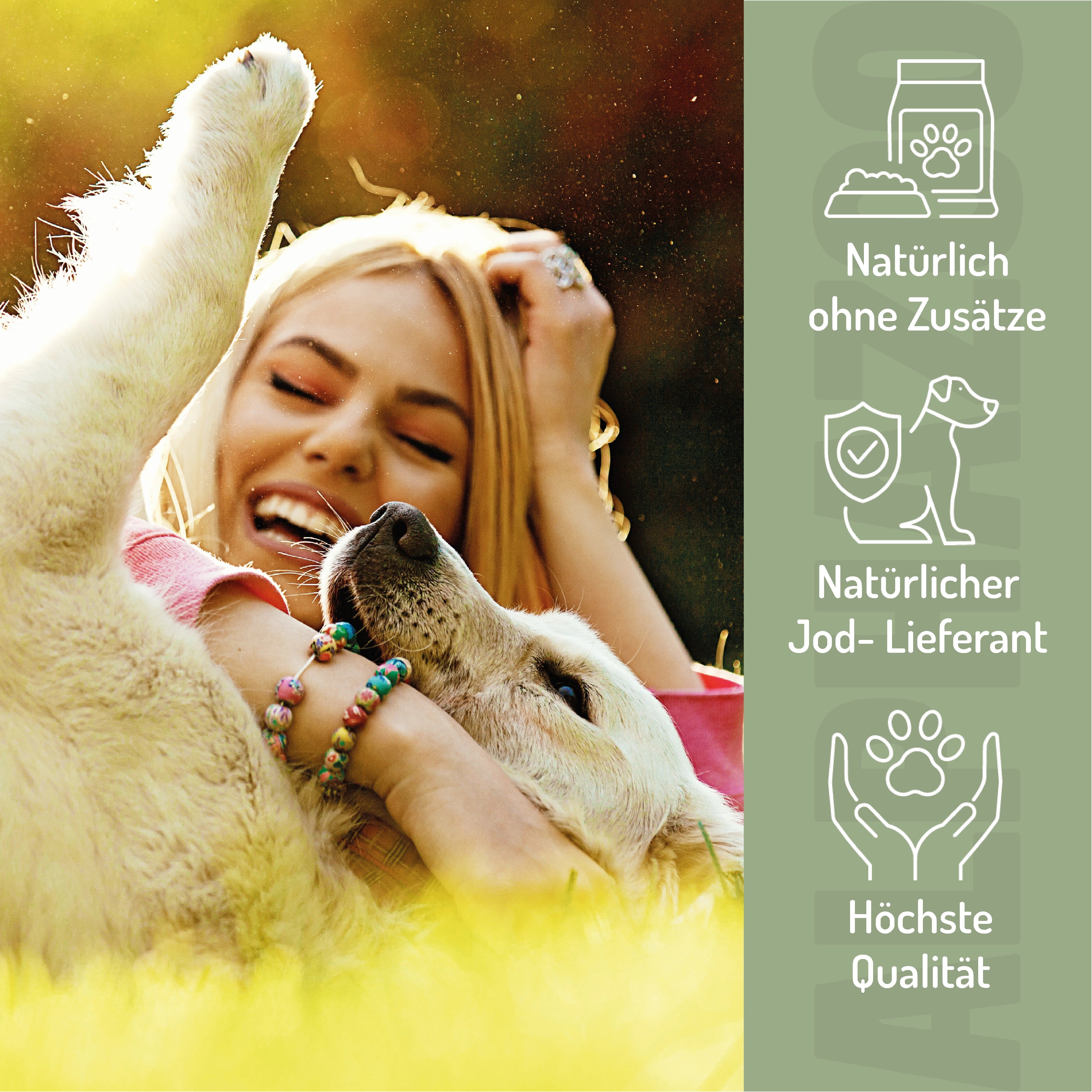 Frau und Hund spielen. Icons: Natürlich ohne Zusätze, natürlicher Jod-Lieferant, höchste Qualität. Text: Höchste Qualität.