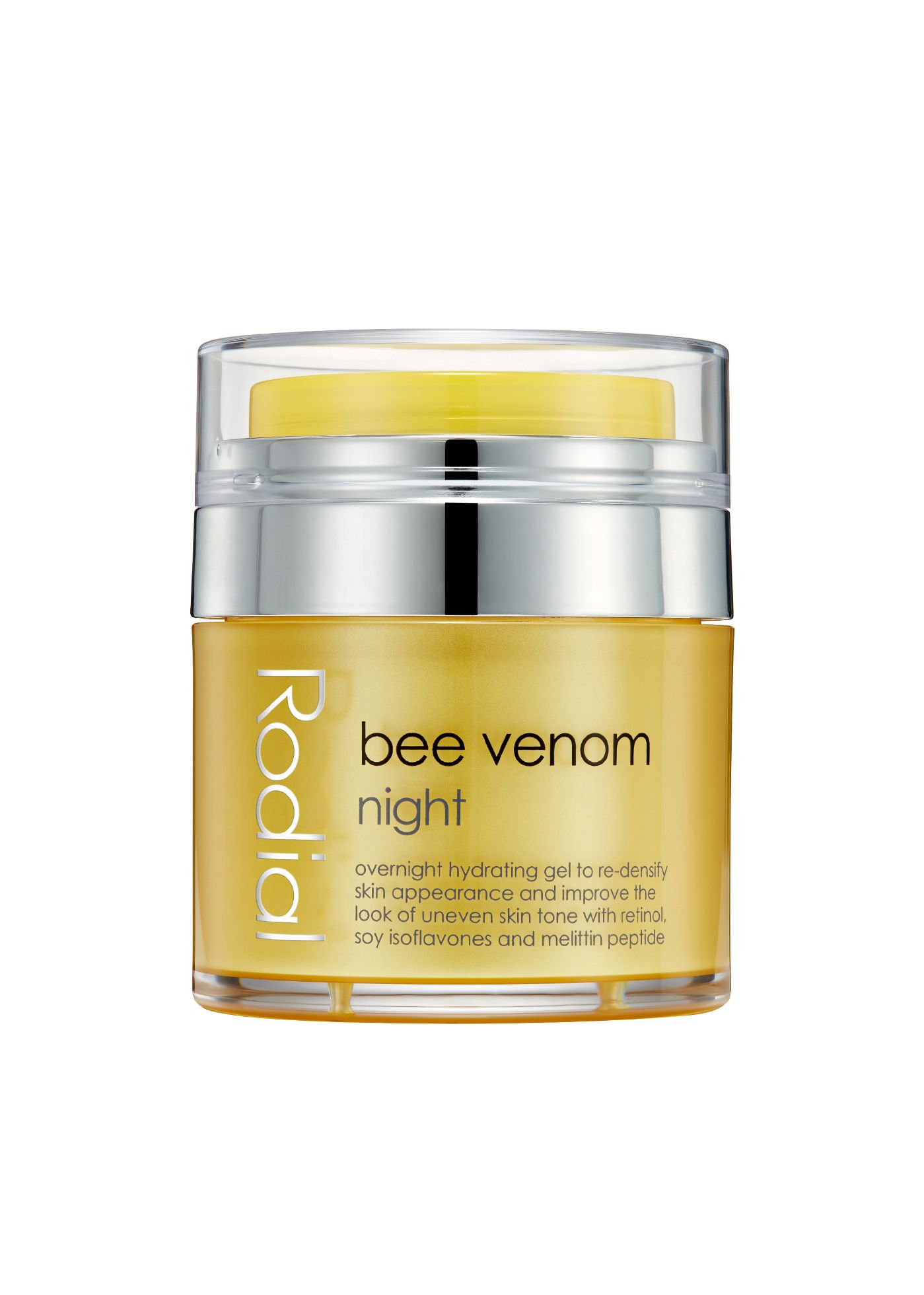 Gelbe Creme in einem Glasbehälter mit silbernem Deckel. Aufschrift: Rodial, Bee Venom Night. Text: Overnight hydrating gel.