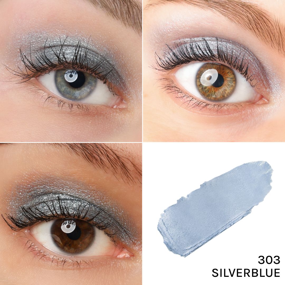 Vier Augen mit silberblauem Lidschatten. Unten rechts: Lidschatten-Abstrich mit der Aufschrift "303 SILVERBLUE".