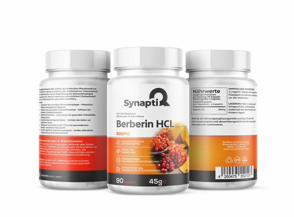Drei weiße Pillenbehälter mit "SynaptiQ" und "Berberin HCL" Aufschrift. Orangefarbene Streifen mit Text. 90 Kapseln.