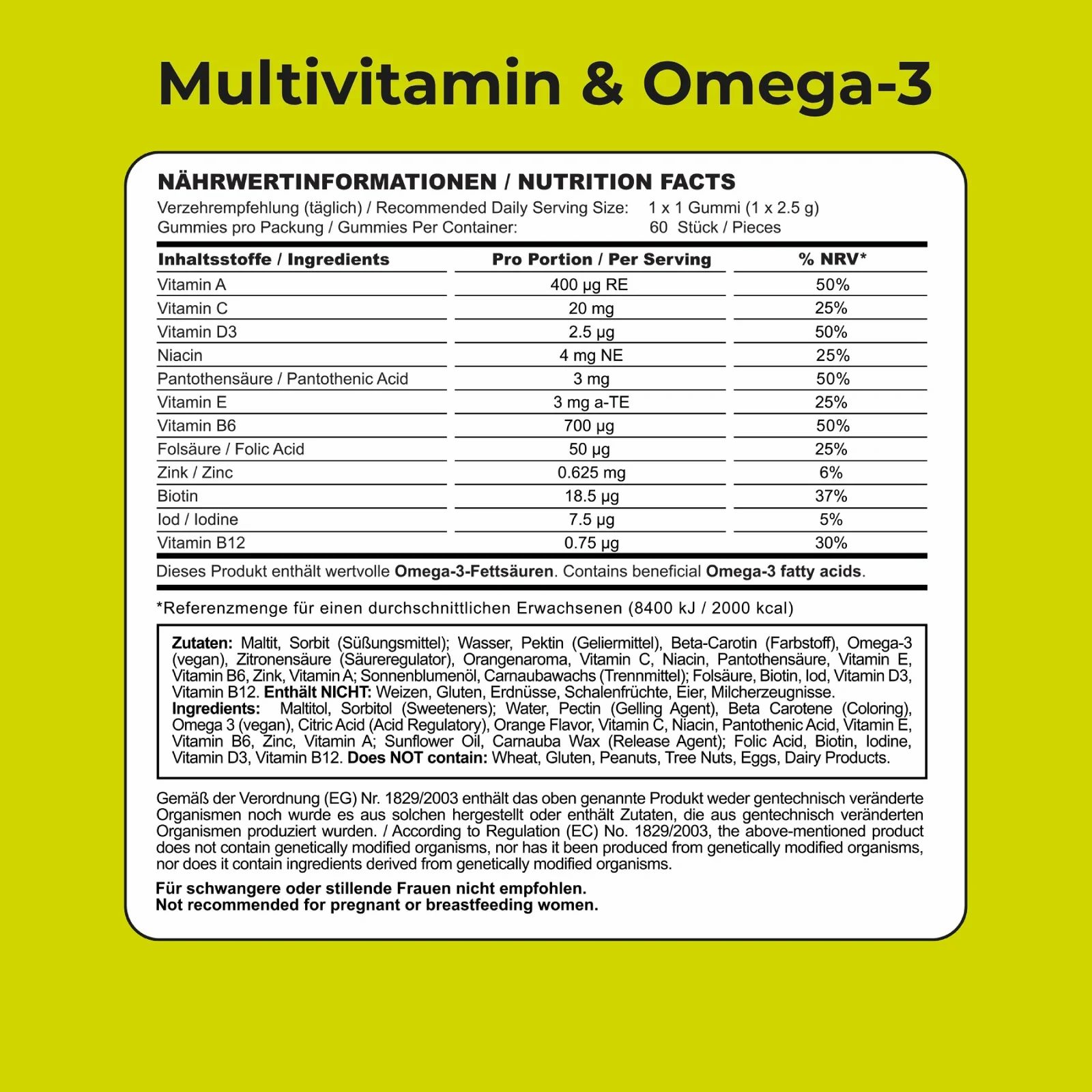 Nährwerttabelle für Multivitamin & Omega-3. Enthält Vitamine und Mineralstoffe. Angaben pro Portion und % NRV. Zutatenliste und Warnhinweis.