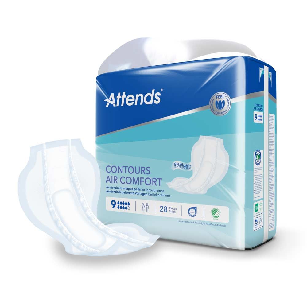 Attends Contours Air Comfort 9 Packung und Inkontinenzeinlage. Anatomisch geformt. 28 Stück. Einzelne Einlage daneben.