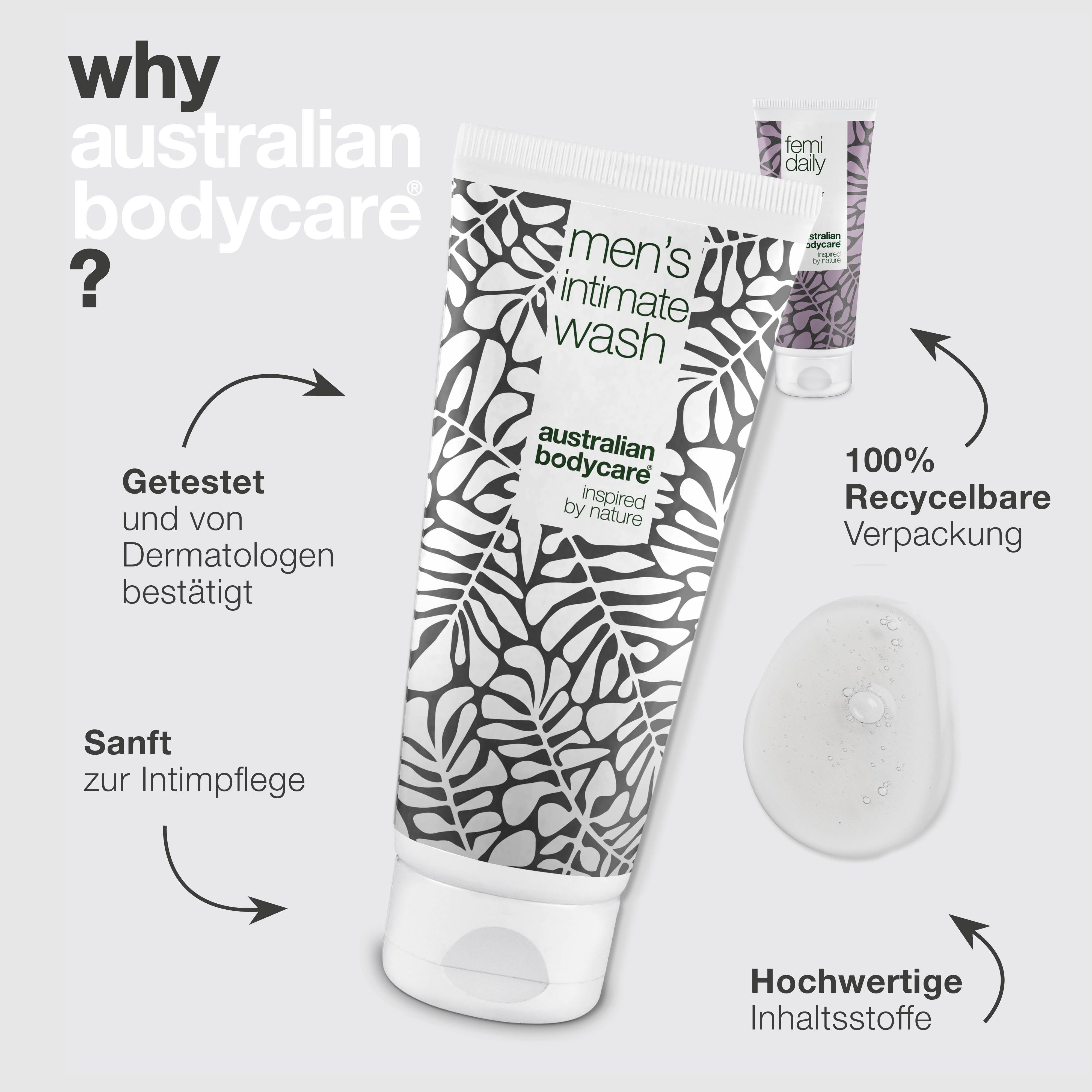Intimwaschgel und Feuchtigkeitspflege. Text: Warum Australian Bodycare? Vorteile aufgelistet.
