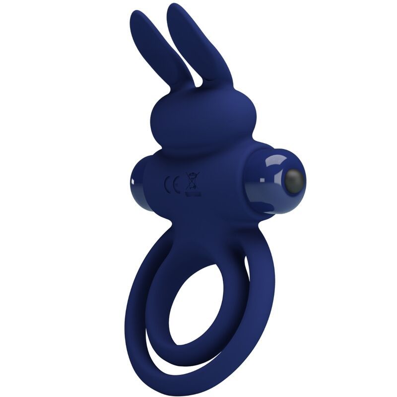 Blauer Rabbitvibrator mit Hasenohren und doppelter Ringform. CE-Kennzeichnung.