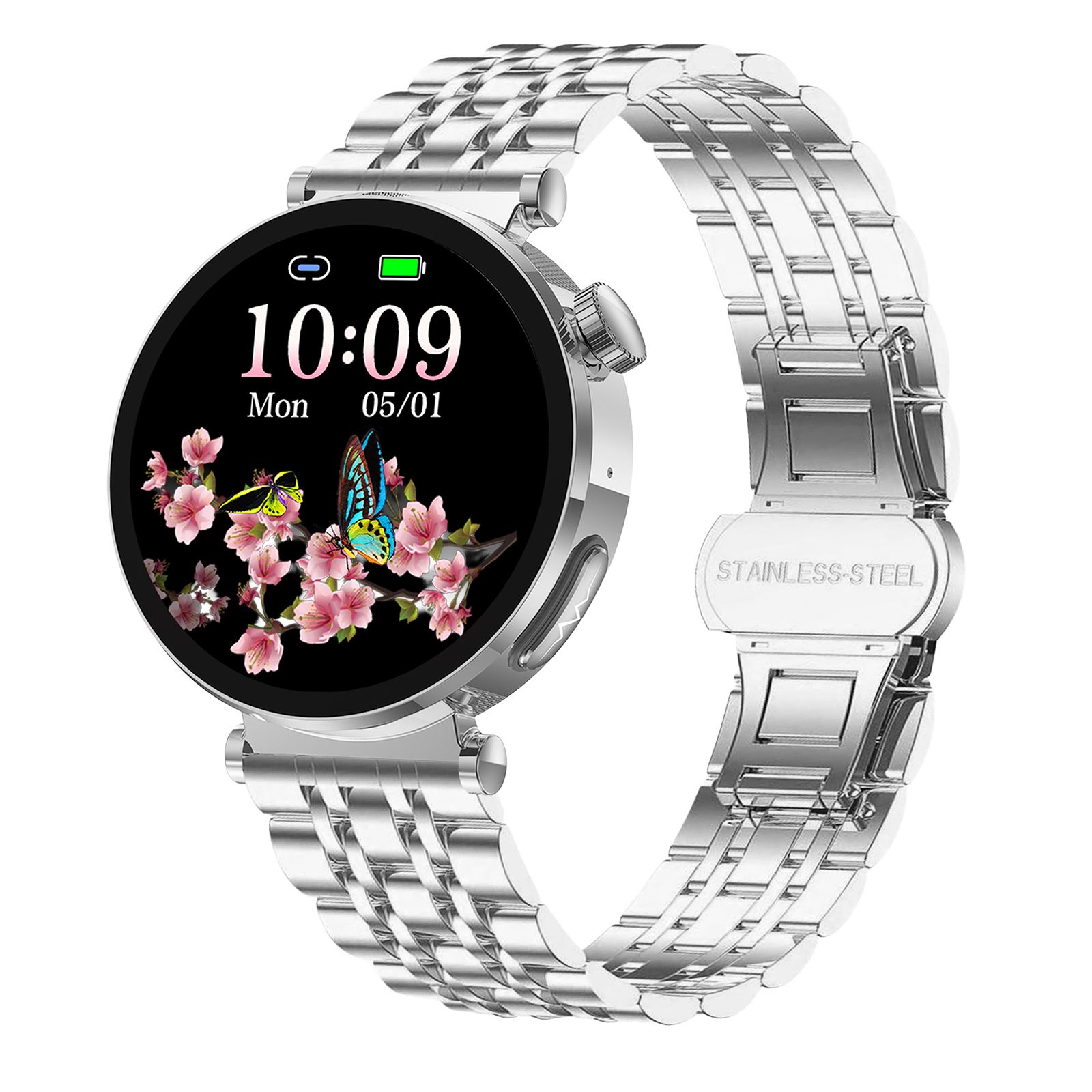 Silberne Smartwatch mit Metallarmband und EKG-Funktion. Zeigt Uhrzeit, Datum und eine Schmetterlingsgrafik.