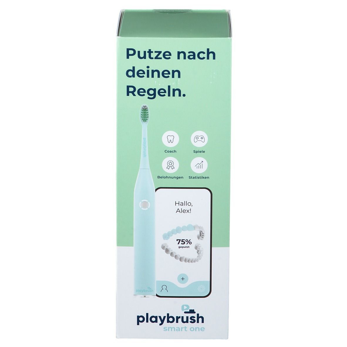 Zahnbürste in Verpackung. Hellblaue Bürste mit grünem Bürstenkopf. Auf der Verpackung: "Putze nach deinen Regeln." und "playbrush smart one".