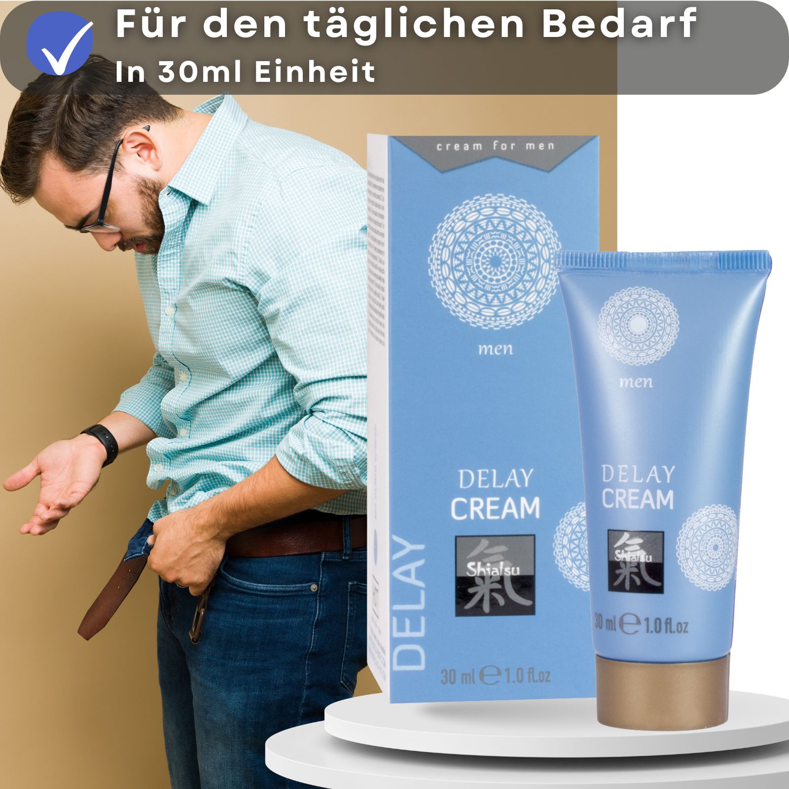 Blaue Schachtel und Tube. Text: DELAY CREAM, Shiatsu, 30 ml. Paar im Hintergrund.