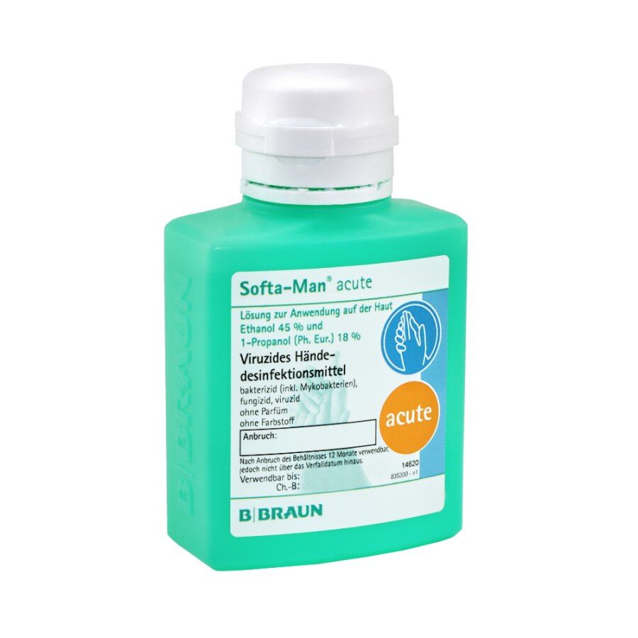 B. Braun Softa-Man® acute Händedesinfektionsmittel in einer grünen Flasche mit weißem Verschluss. Etikett mit Produktinformationen und Anwendungshinweisen.