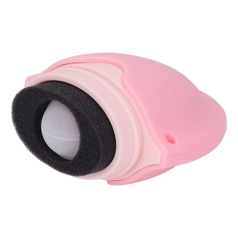 Rosa, ovales Produkt, geöffnet. Schwamm und Roller sichtbar. Rosa Gehäuse.