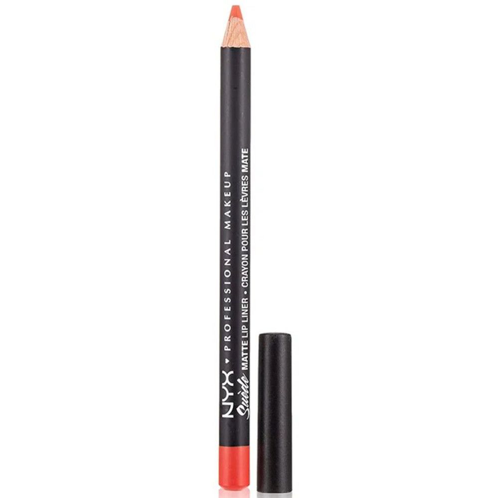 Orangener Lipliner-Stift mit schwarzem Schaft und Kappe. Aufschrift: NYX Suede Matte Lip Liner.
