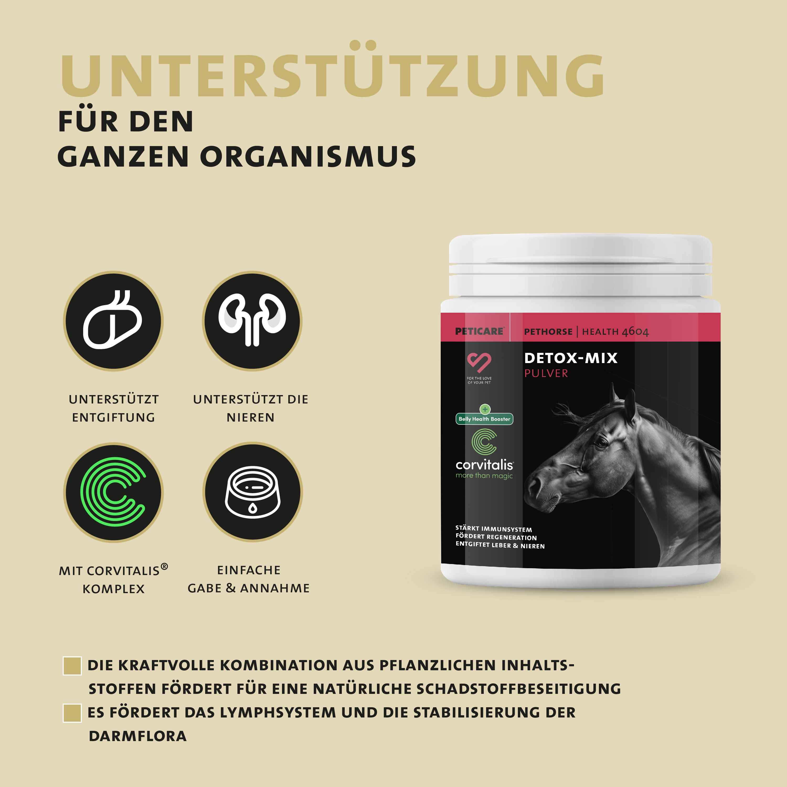 Produkt. Text: Unterstützung für den ganzen Organismus. Unterstützt Entgiftung, Nieren. Mit Corvitalis Komplex. Einfache Gabe & Annahme.
