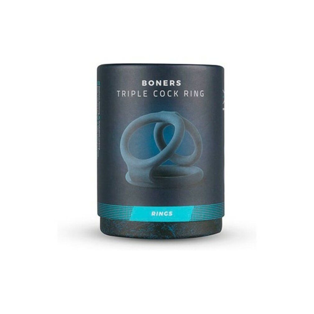 Zylindrische Verpackung. Aufschrift: BONERS TRIPLE COCK RING. Produktabbildung in Blau. Ringe.