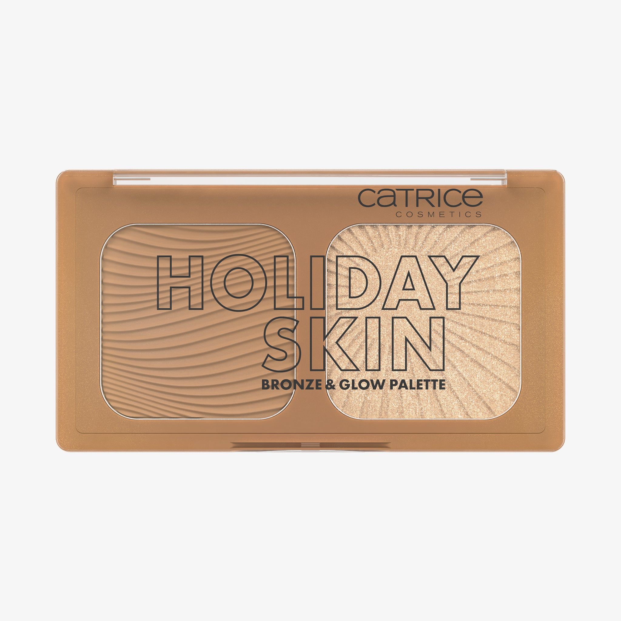 Kosmetikpalette mit zwei Produkten. Aufschrift 'HOLIDAY SKIN BRONZE & GLOW PALETTE'. Links ein braunes Produkt, rechts ein goldfarbenes Produkt.