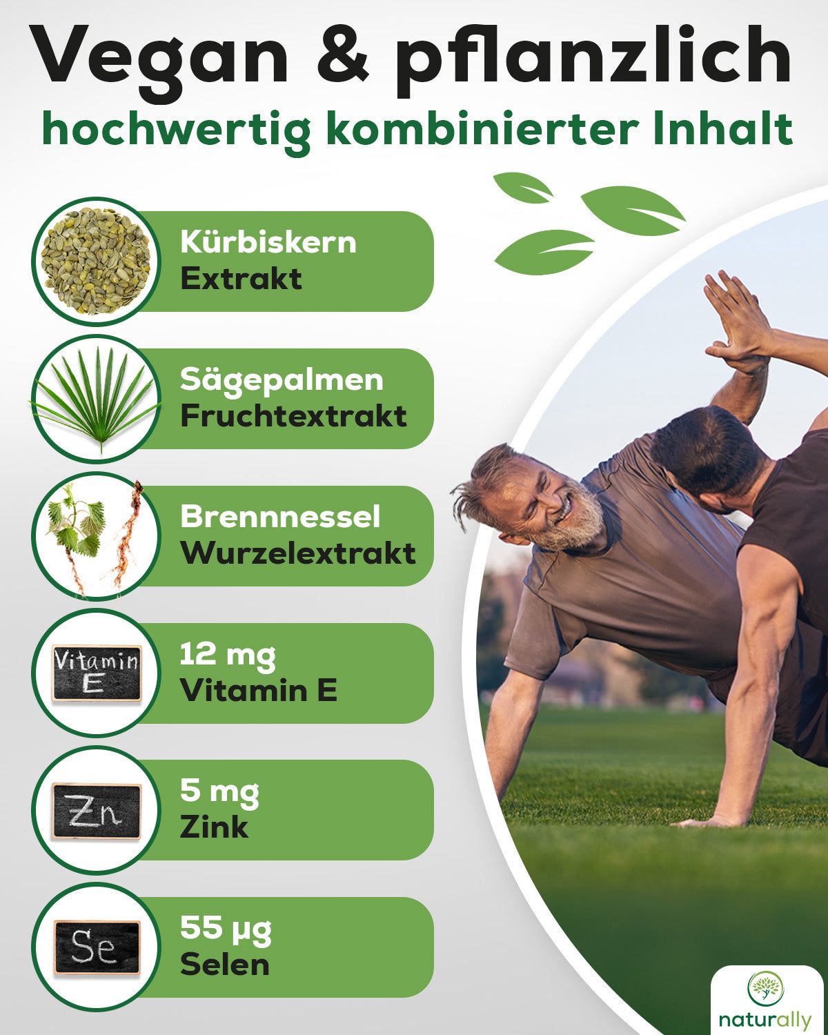 Grafik mit Inhaltsstoffen: Kürbiskern, Sägepalme, Brennnessel, Vitamin E, Zink, Selen. Marke: naturally.