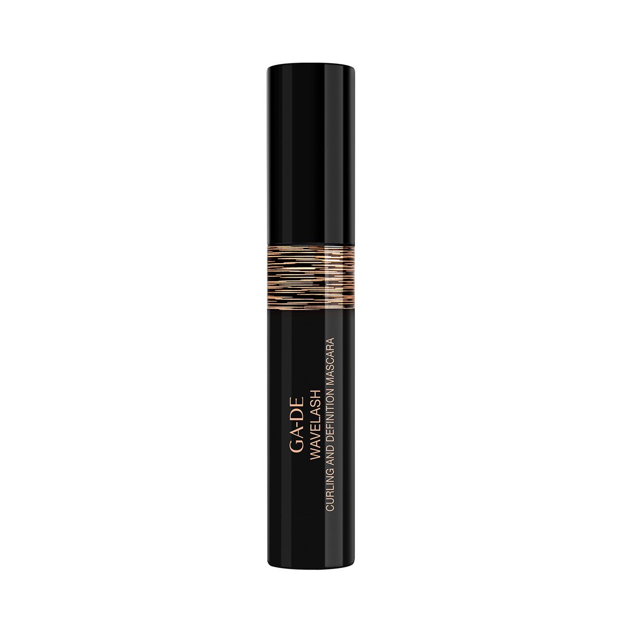 Schwarze Mascara-Tube mit goldfarbenem Streifen und Schriftzug. Stehende Ansicht.