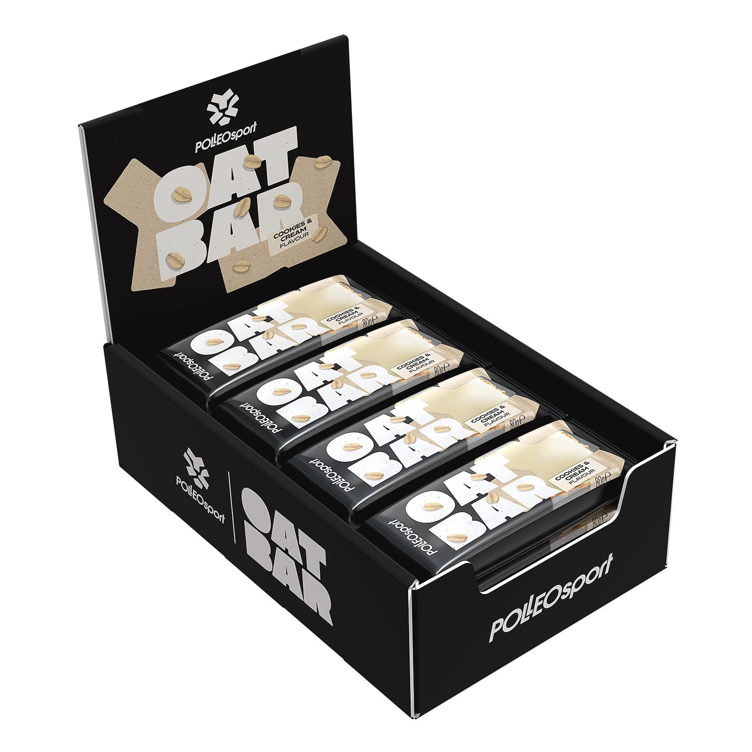 Schwarzer Karton mit PolleoSport-Logo und Oat Bar-Schriftzug. Enthält mehrere verpackte Riegel in einer Präsentationsbox.
