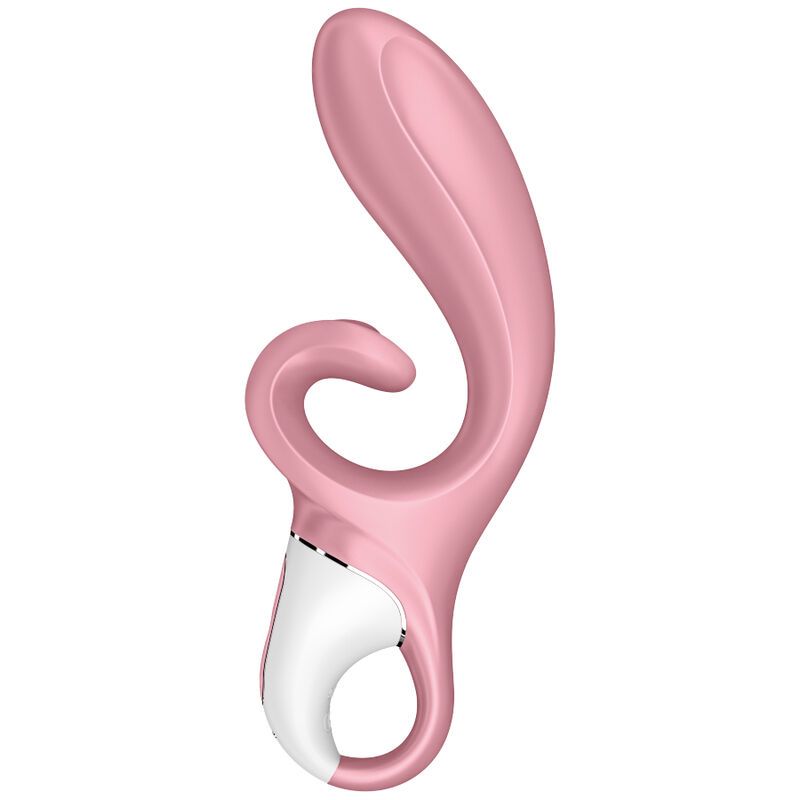 Rosa Vibrator mit geschwungener Form, weißem Bedienelement, App- und Flexibilitätssymbolen.