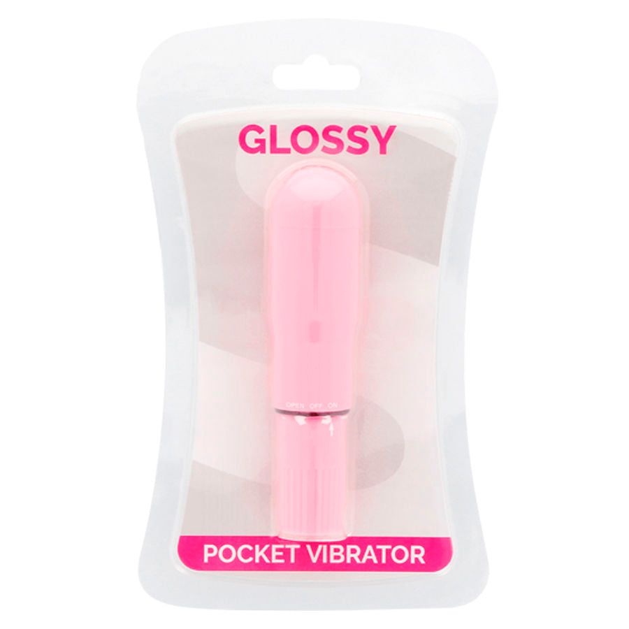 Rosa Pocket Vibrator in Blisterverpackung. Aufschrift "GLOSSY" und "POCKET VIBRATOR".