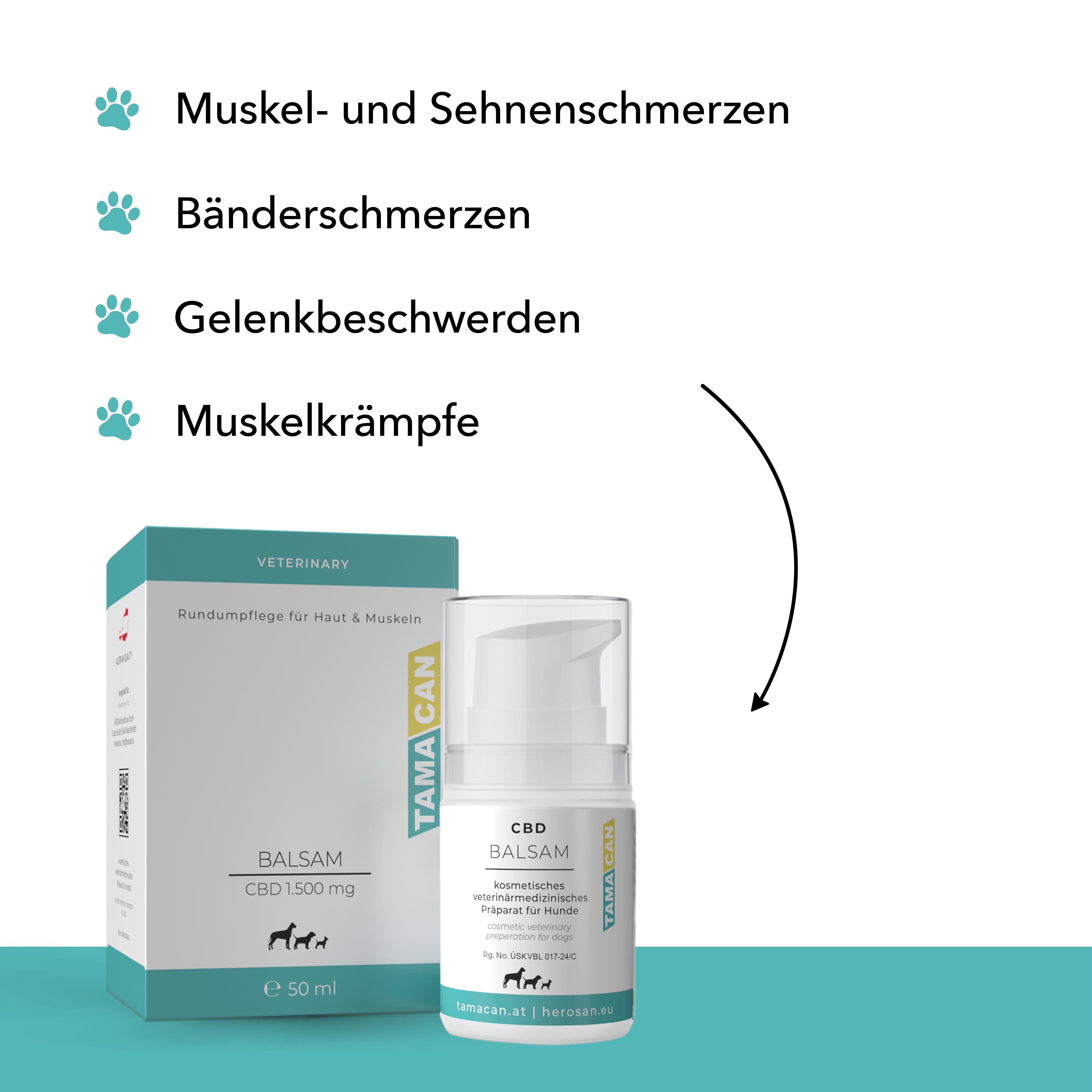 CBD Balsam für Hunde. Produkt und Verpackung mit Illustrationen von Anwendungsbereichen: Muskel-, Sehnen-, Gelenkschmerzen, Muskelkrämpfe.