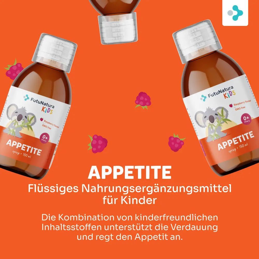 Drei Flaschen FutuNatura Kids Appetit Sirup. Auf orangefarbenem Hintergrund. Mit Himbeeren und Text: Appetit.