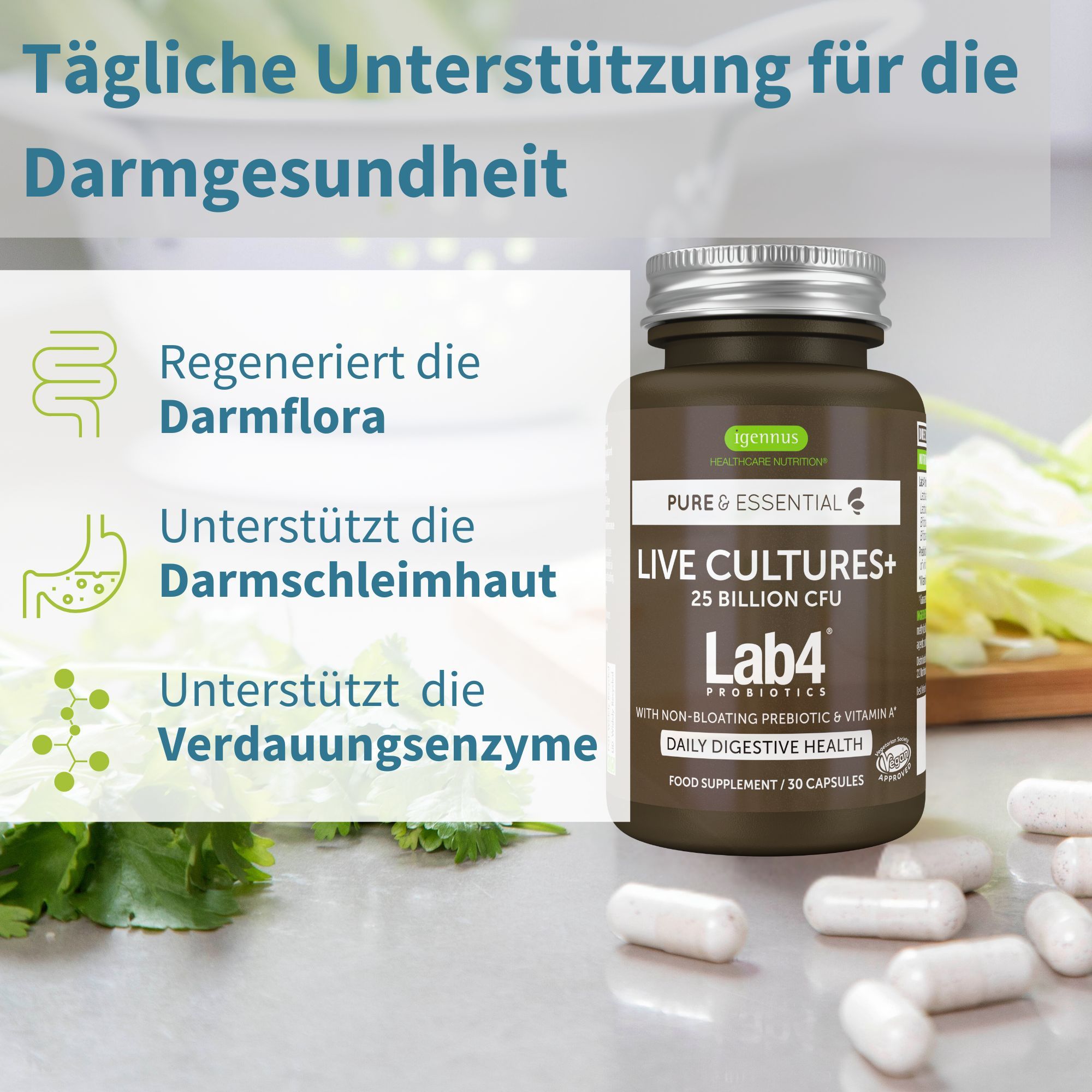 Igennus Probiotika Kapseln unterstützen die Darmgesundheit, Darmflora und Verdauungsenzyme.