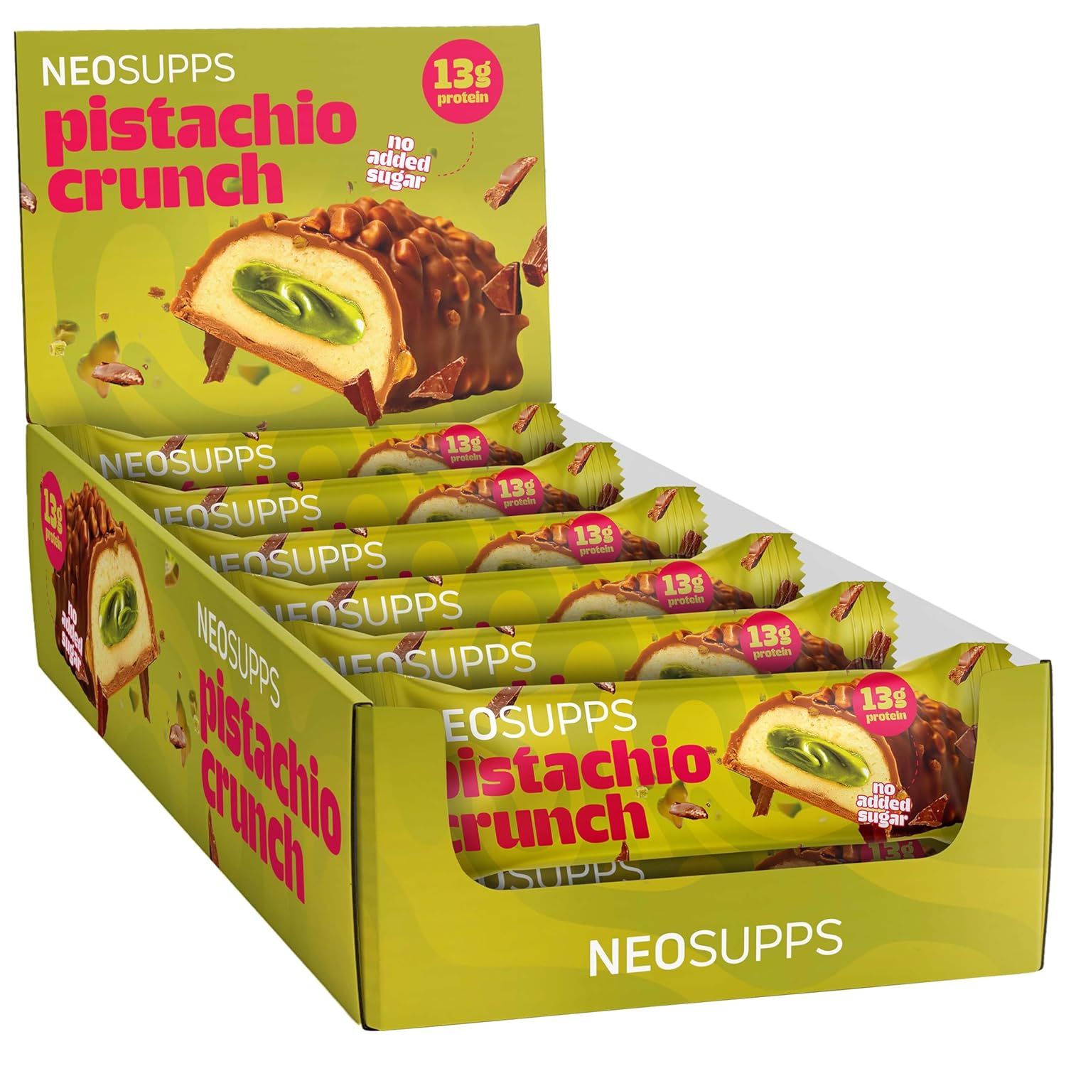 Proteinriegel-Display-Box. Text: NEOSUPPS Pistachio Crunch, 13g Protein, ohne Zuckerzusatz. Geöffnete Box mit mehreren verpackten Riegeln.