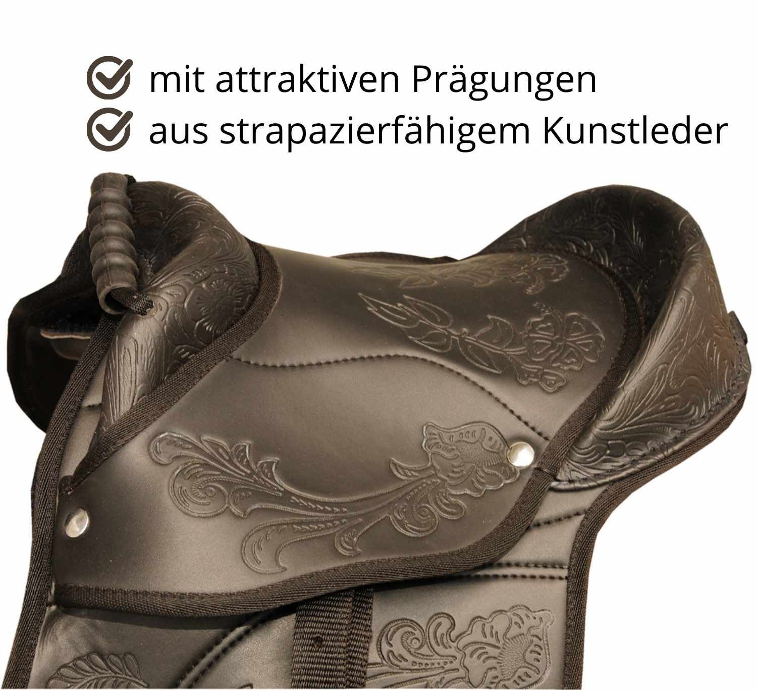 Detailansicht eines schwarzen Ponysattels mit floralen Prägungen. Kunstleder.