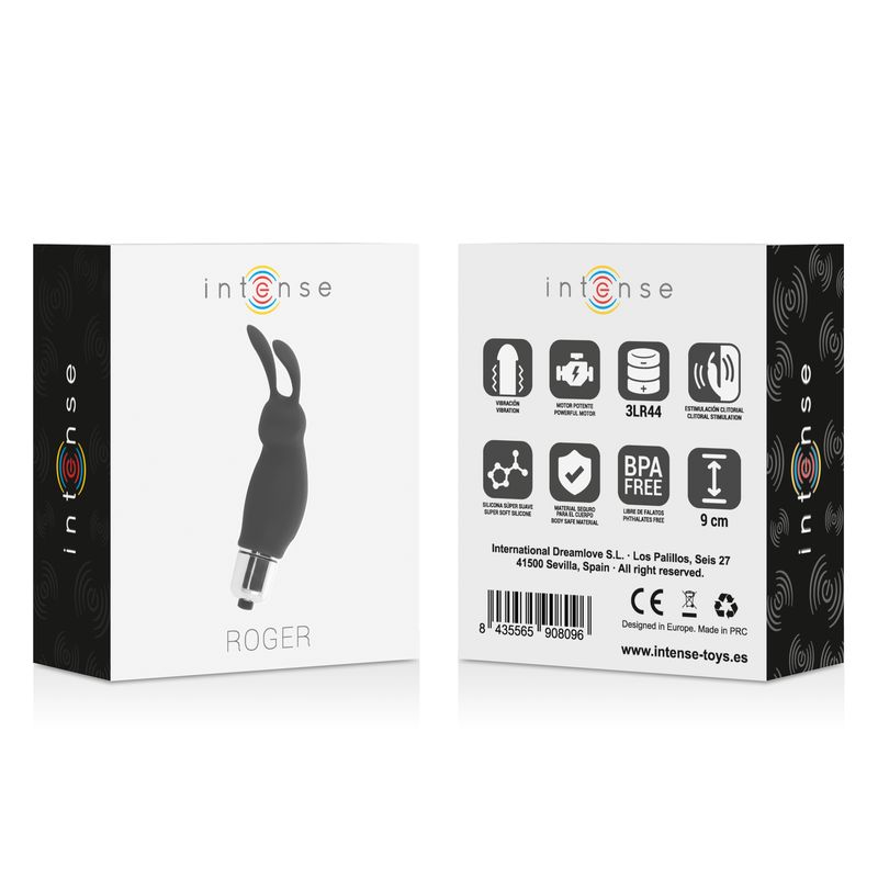 Verpackung mit Produktabbildung. Aufschrift 'Intense' und 'ROGER'. Enthält Informationen und Symbole. BPA-frei.