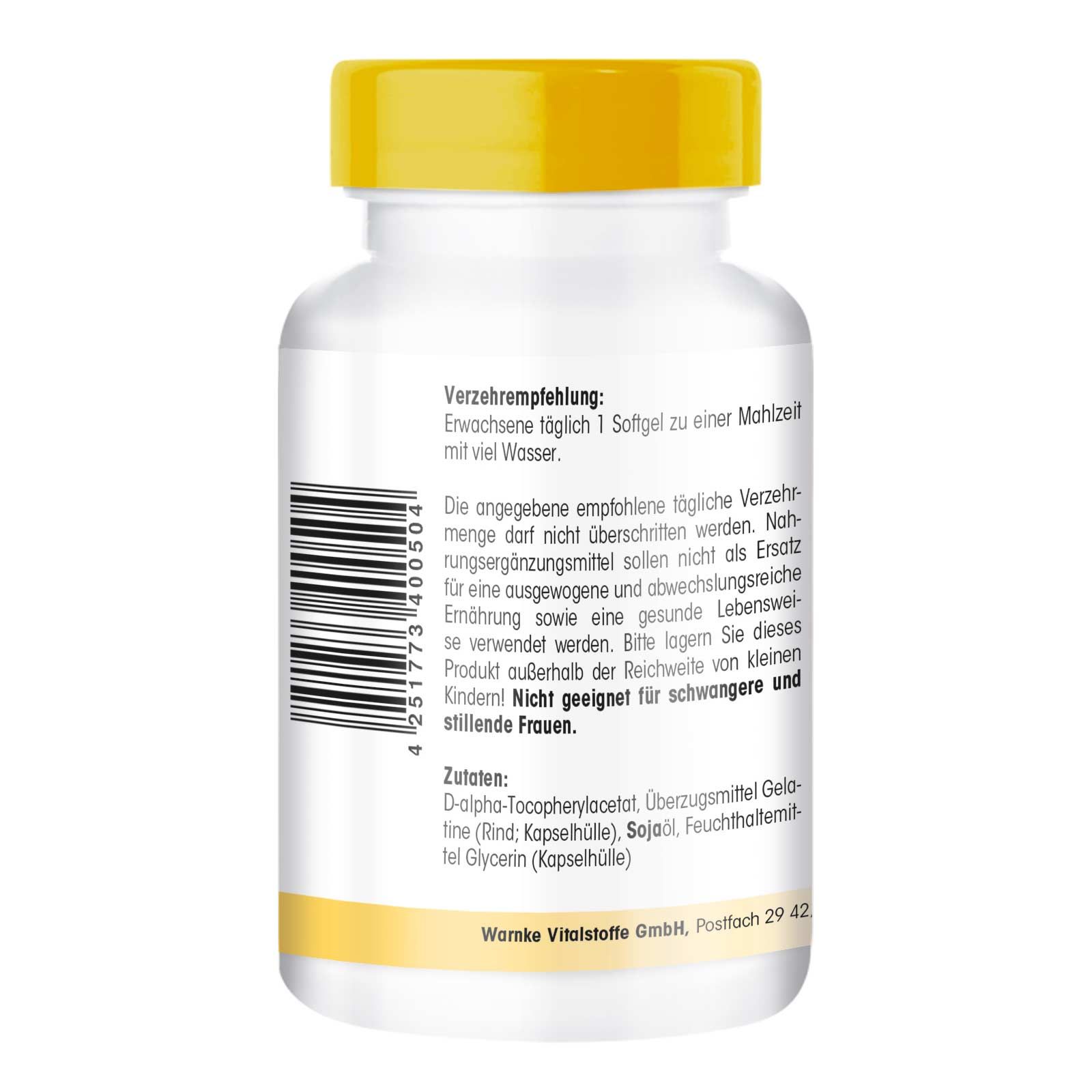 Rückseite einer weißen Pillenflasche mit gelbem Deckel. Text: Verzehrempfehlung, Zutaten, Warnke Vitalstoffe GmbH. Barcode.