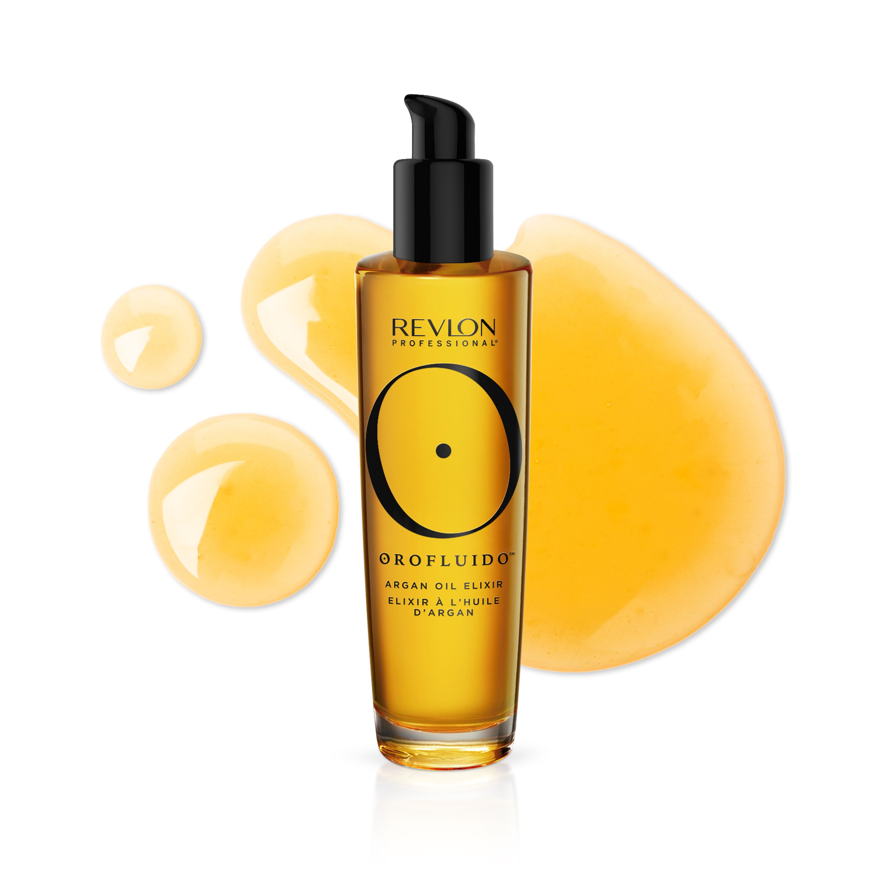 Revlon Orofluido Elixir in Glasflasche mit Pumpspender und goldenem Öl.