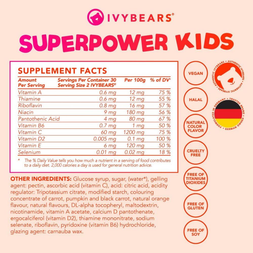 Nährwerttabelle für IvyBears Superpower Kids. Angaben zu Vitaminen und Inhaltsstoffen. Zertifizierungen.