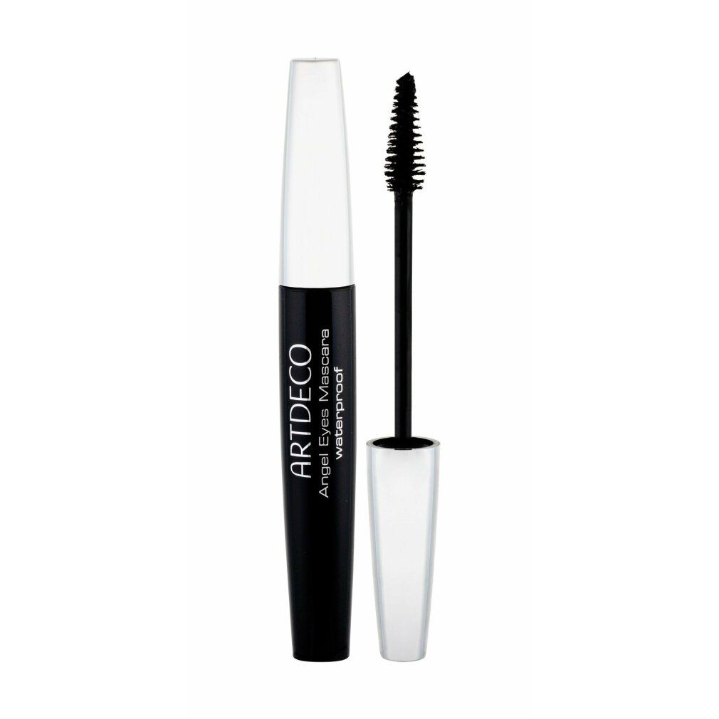 Schwarze Mascara-Tube mit weißem Deckel. Aufschrift: ARTDECO Angel Eyes Mascara waterproof. Auf weißem Hintergrund.