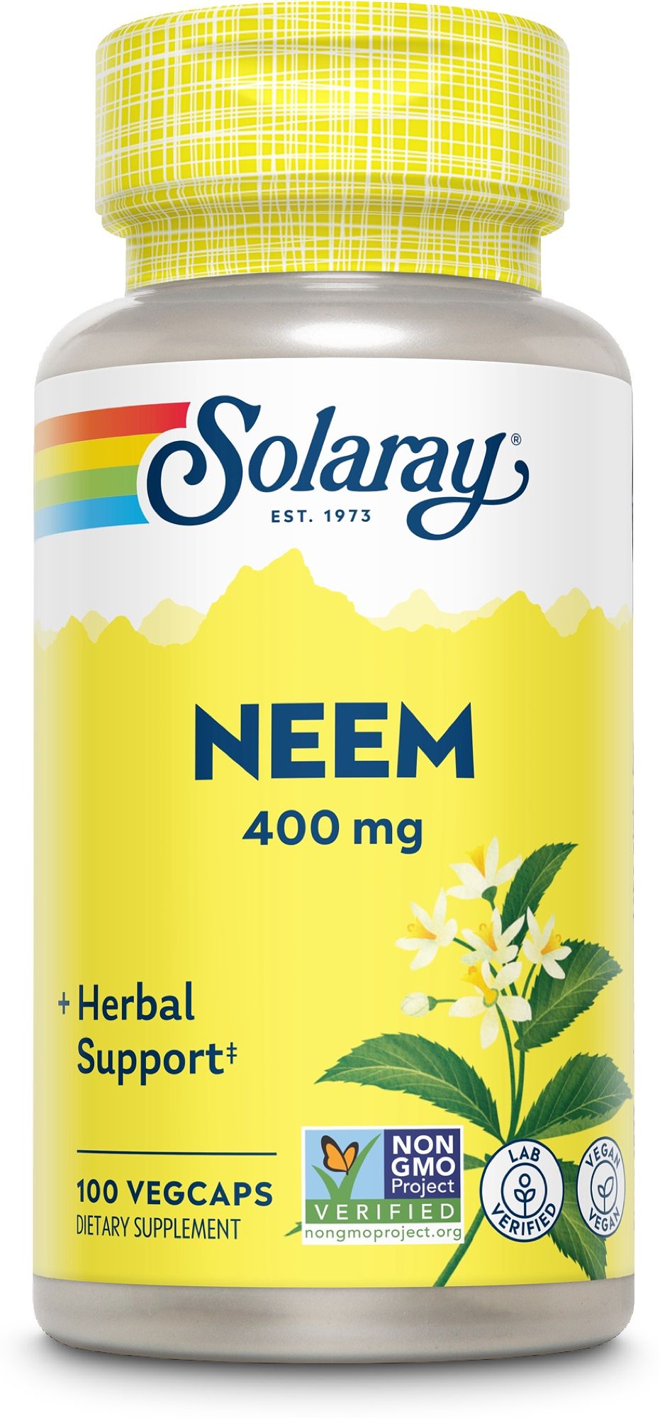 Solaray Neem Blätter 400 mg Kapseln, 100 Vegicaps. Gelbe Flasche mit Regenbogen-Logo und Neem-Blüten-Illustration.