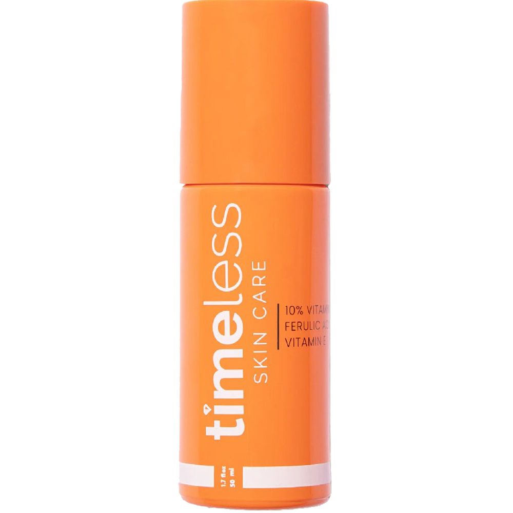 Orangefarbene Flasche mit weißem Etikett. Aufschrift: Timeless Skin Care. Enthält 10% Vitamin C, Ferulasäure und Vitamin E.
