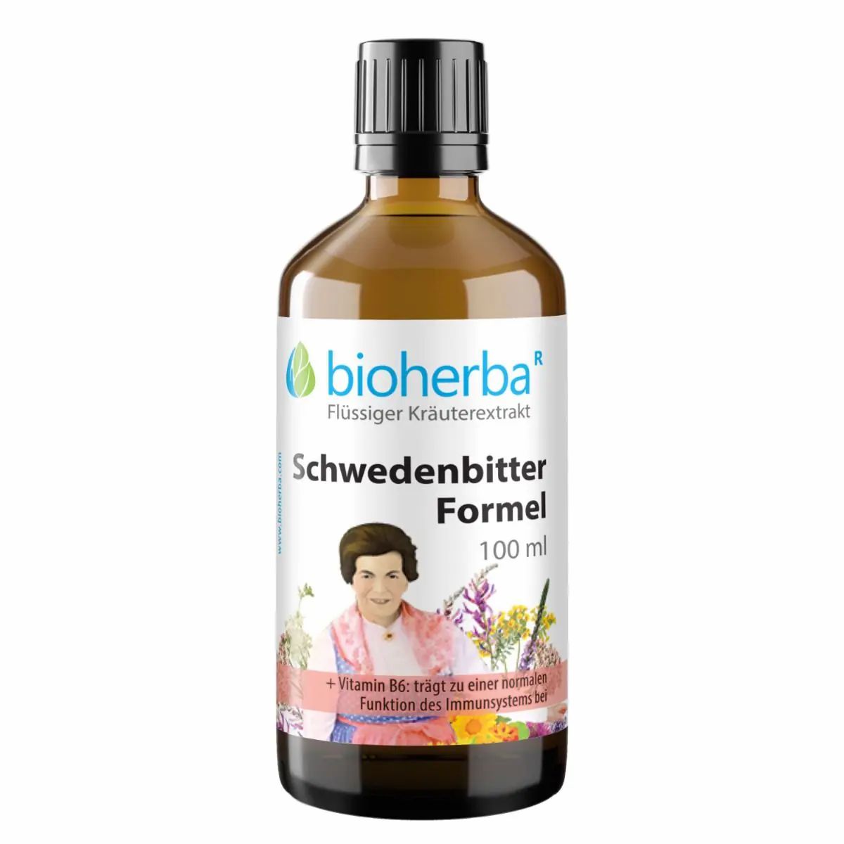Braune Glasflasche mit schwarzem Deckel. Etikett mit Produktname, Logo und Abbildung einer Frau.